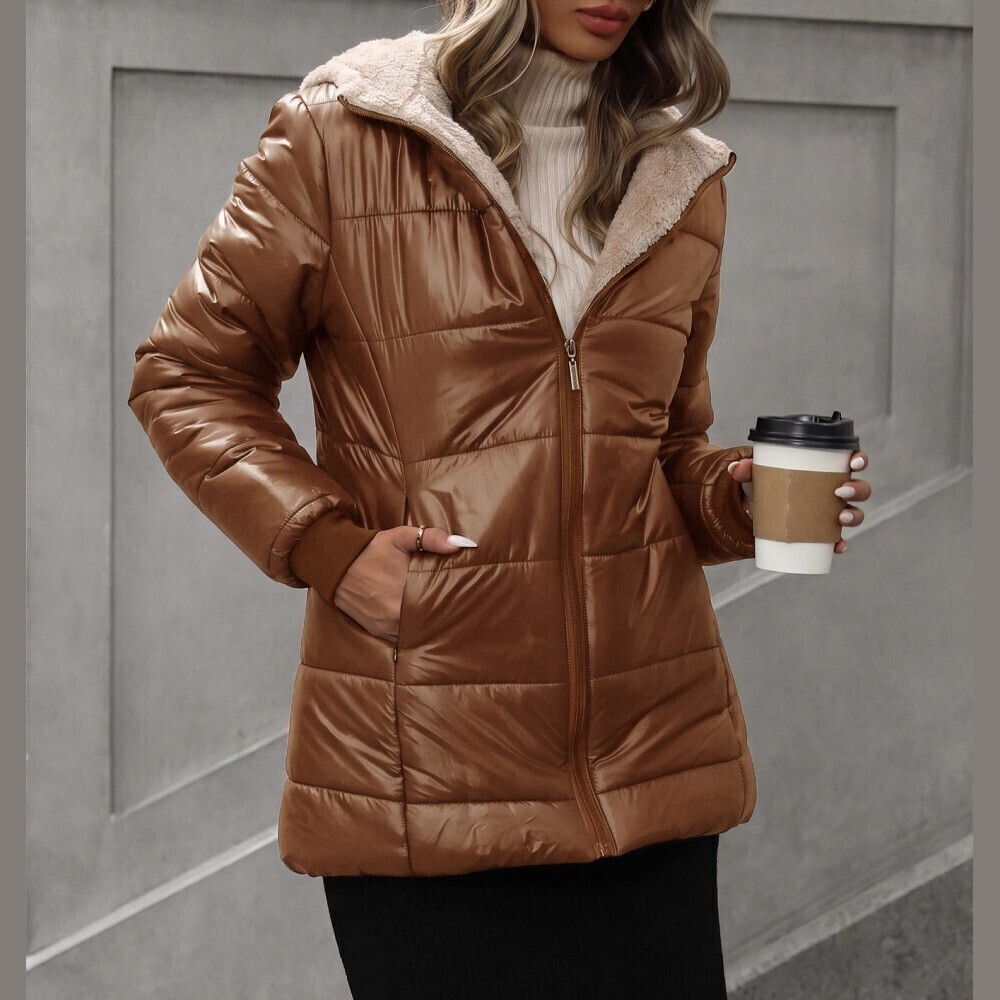 Camel / Brown Sherpa-Lined Hooded Zip Front Long Puffer Jacket